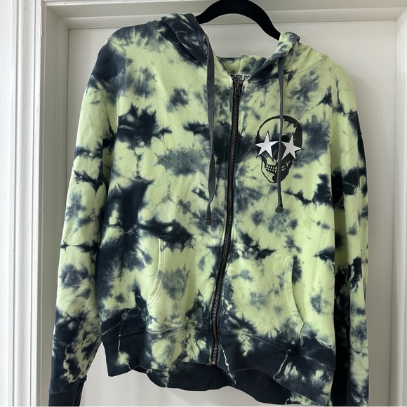 CHRLDR Skull Cloud Zip-Up Hoodie, Tie-Dye Charcoal Lime, Size M - Picture 10 of 11